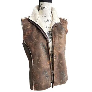 Natural Reflections Brown Paisley Shearling Trim Vest Zip Up Pockets Women’s L